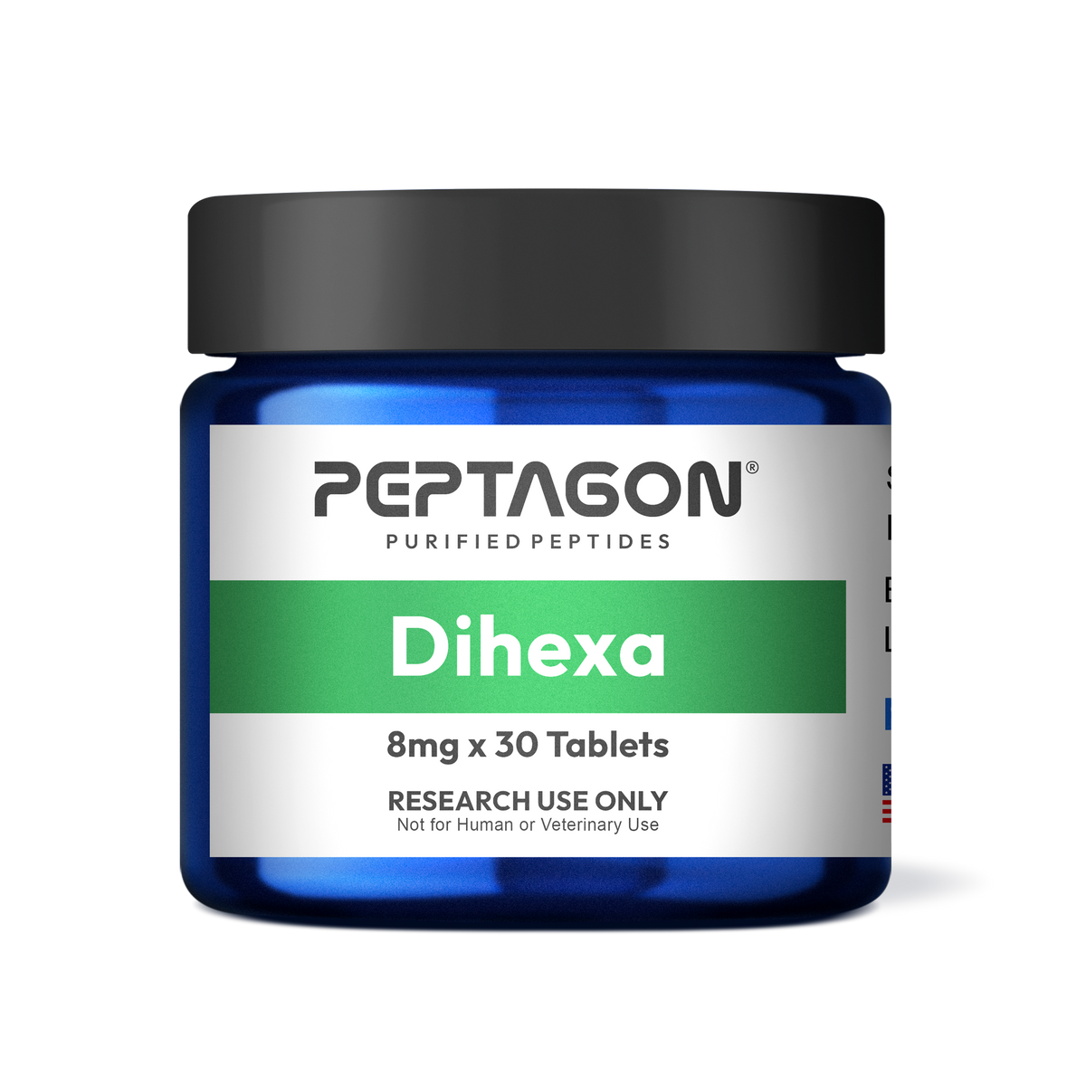 Peptagon Dihexa 8mg x 30 Tablets in a blue jar with a black lid
