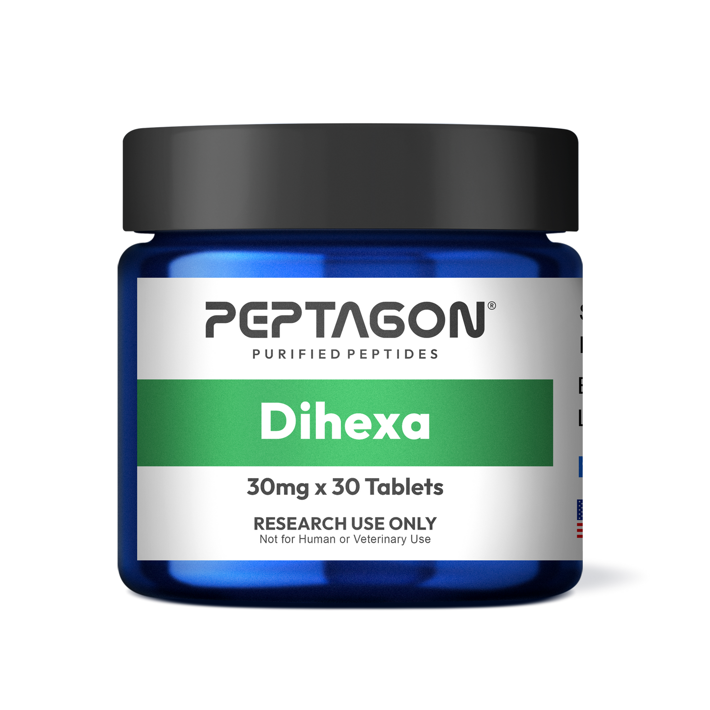 Peptagon Dihexa 30mg x 30 Tablets in a blue jar with a black lid