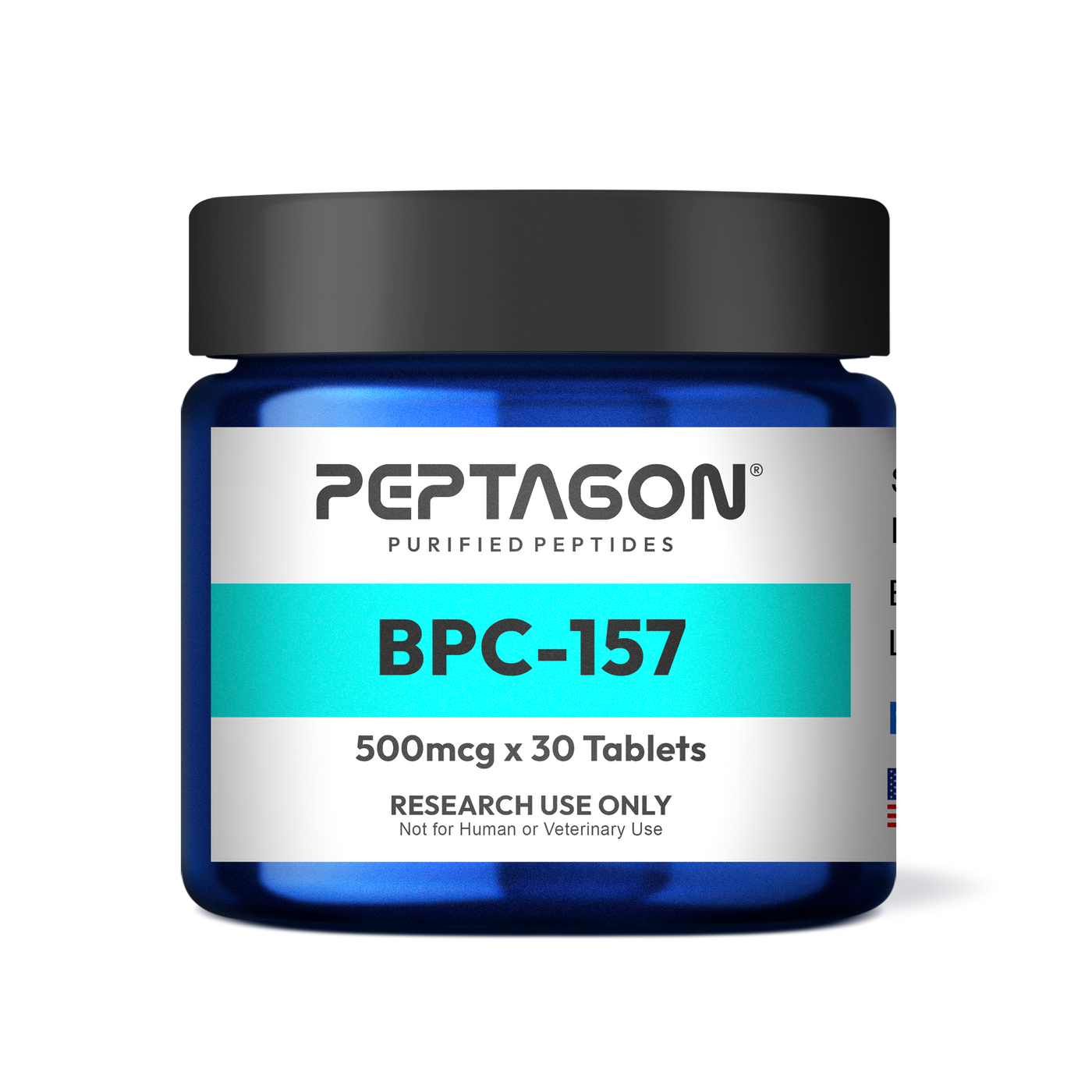 Peptagon BPC-157 500mcg x 30 tablets in a blue jar with a black lid
