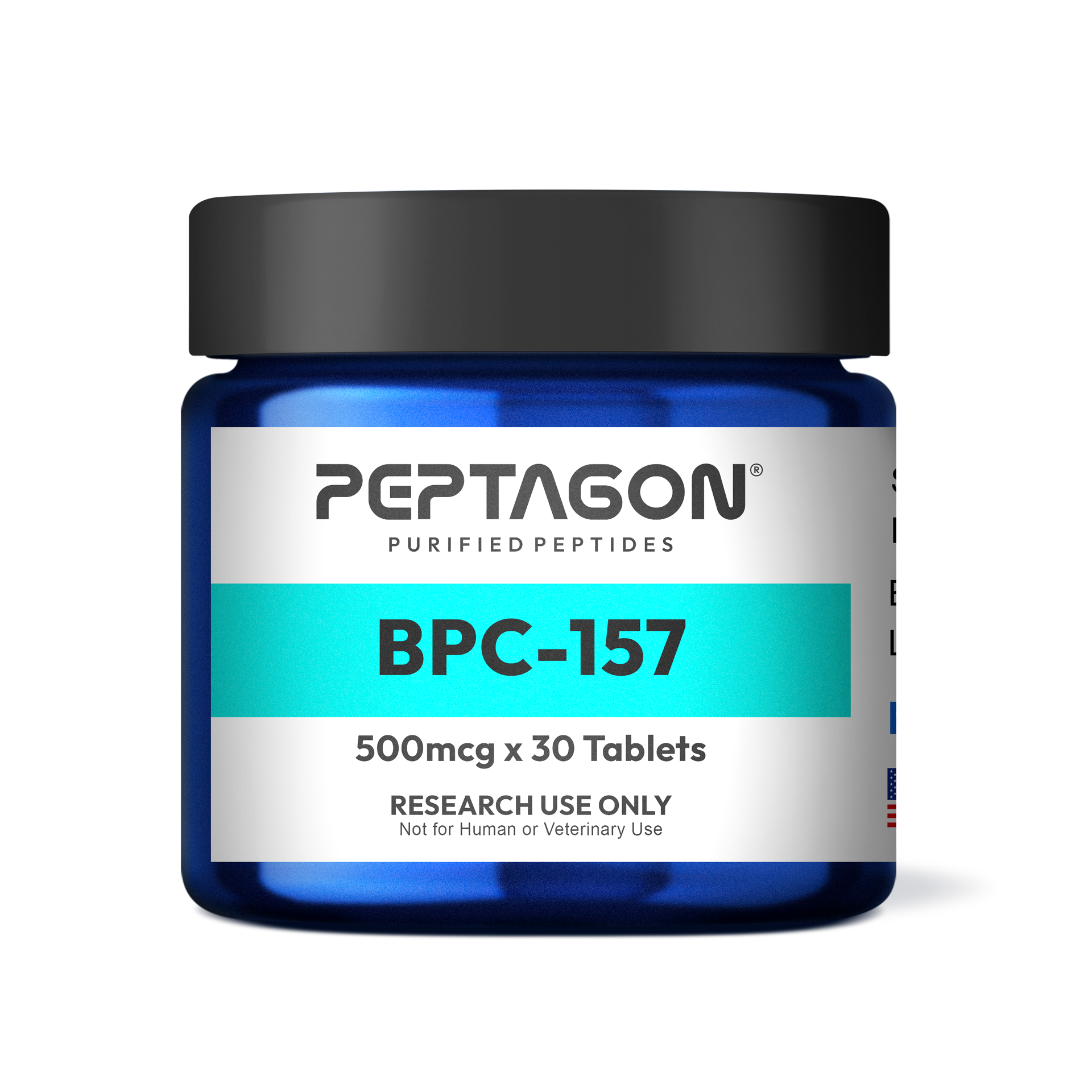 Peptagon BPC-157 500mcg x 30 tablets in a blue jar with a black lid