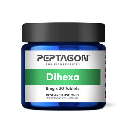 Peptagon Dihexa 8mg x 30 Tablets in a blue jar with a black lid