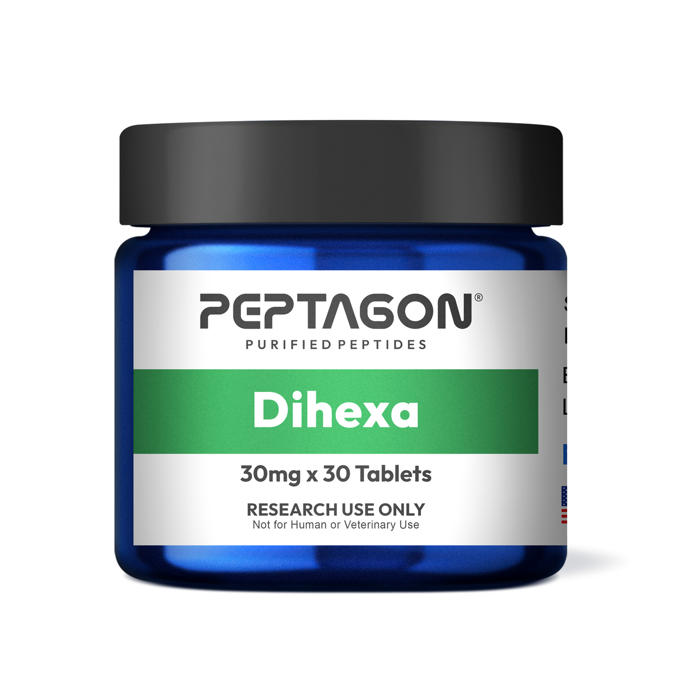 Peptagon Dihexa 30mg x 30 Tablets in a blue jar with a black lid