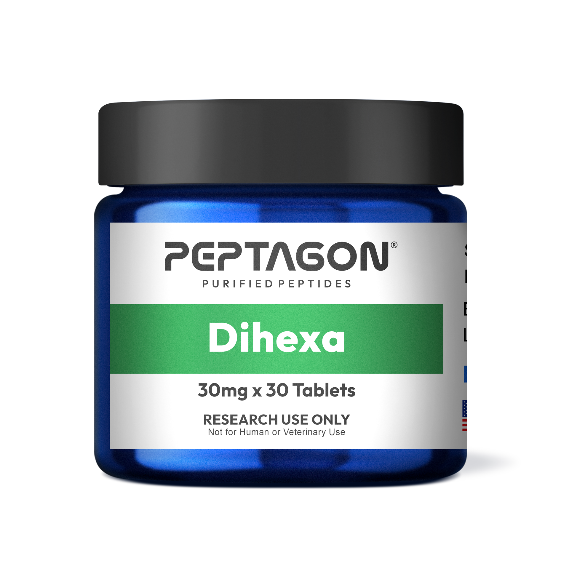 Peptagon Dihexa 30mg x 30 Tablets in a blue jar with a black lid