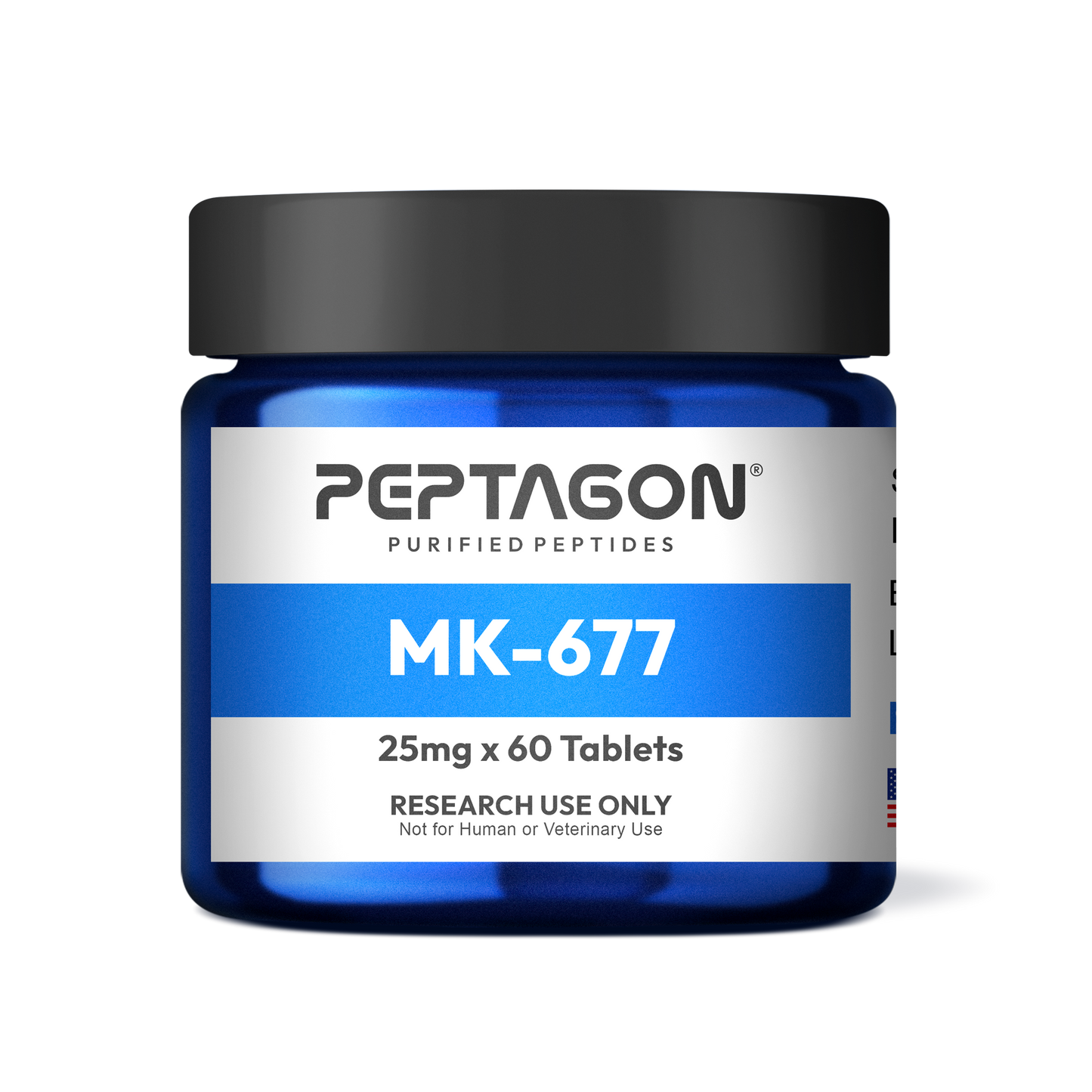 Peptagon MK-677 25mg x 60 tablets in a blue jar with a black lid