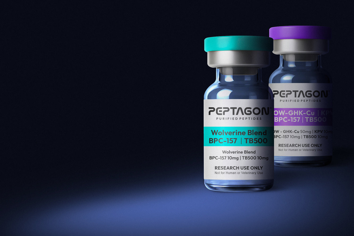Two Peptagon vials, one with a teal cap and Wolverine Blend label, the other with a purple cap