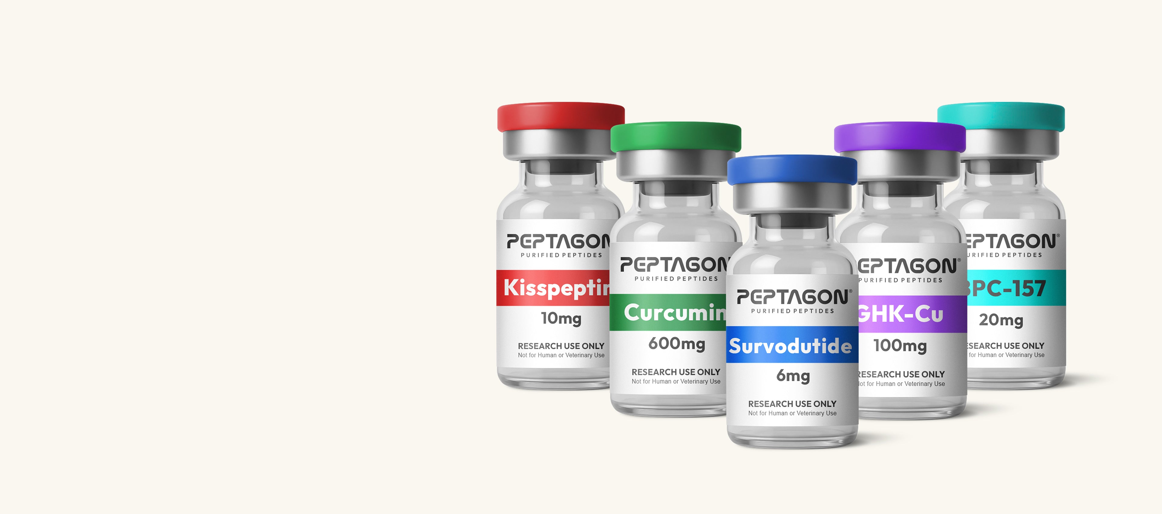 Five Peptagon Purified Peptides vials with red, green, blue, purple, and teal caps